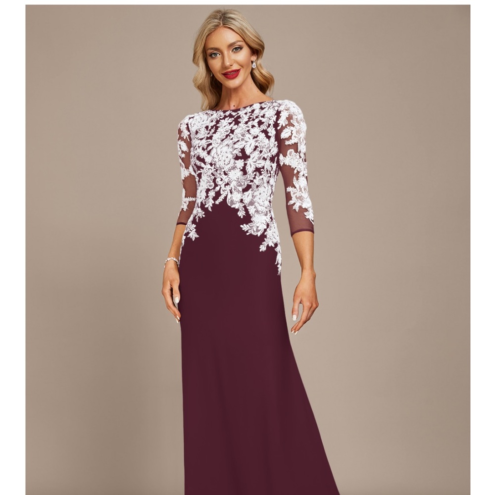 JJs House Burgundy Long Sleeve Evening Dress with White Lace Appliqué